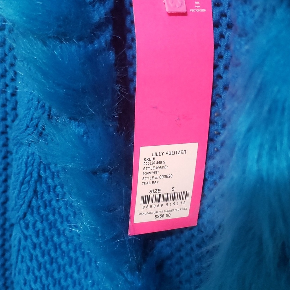 NWT Lilly Pulitzer NWT Torini Faux Fur Sweater Vest Teal Bay Small S - Picture 5 of 5